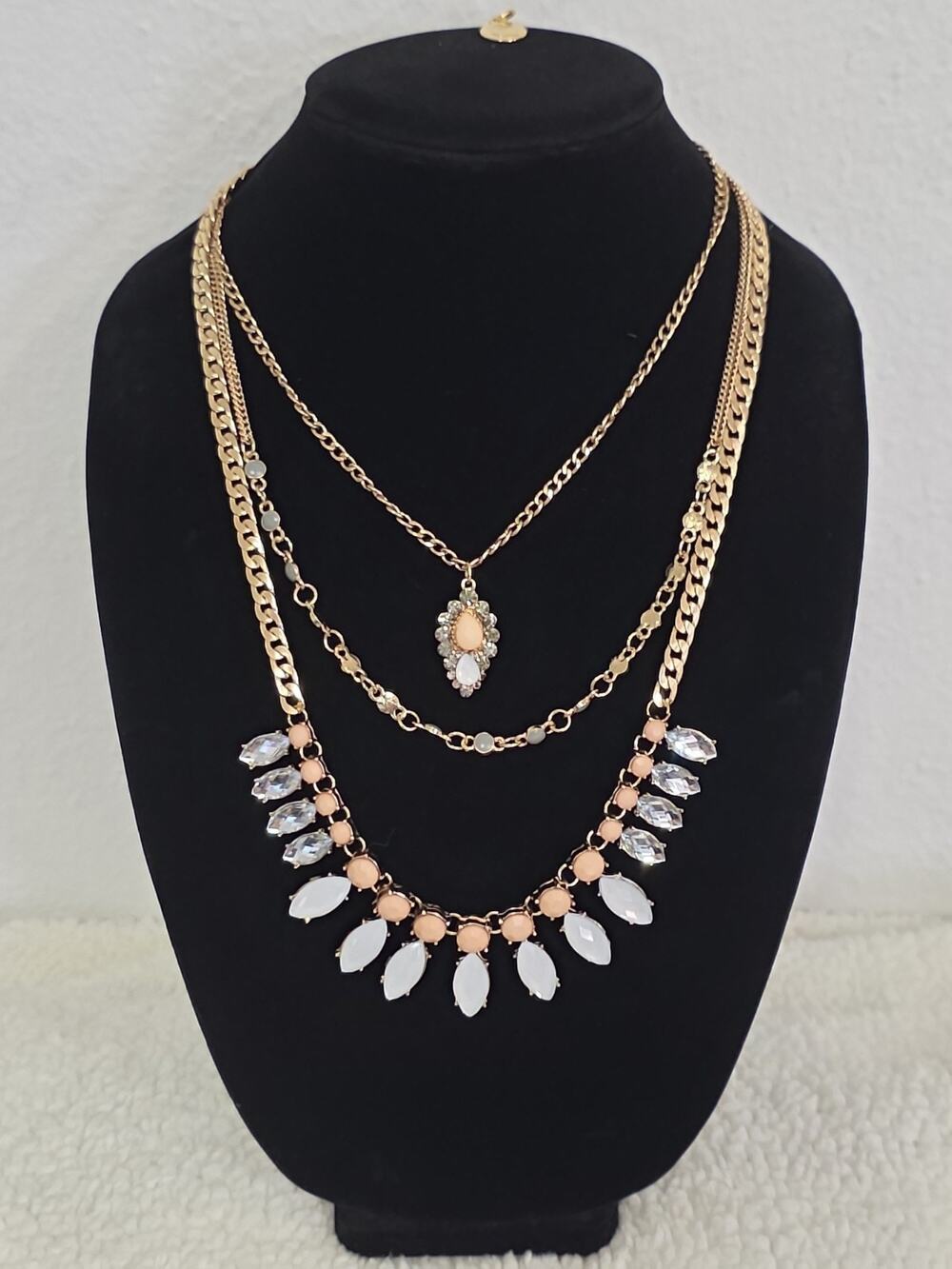Long Layered Statement Chain Necklace Peach Clear Smoky Gray Frosted Rhinestones
